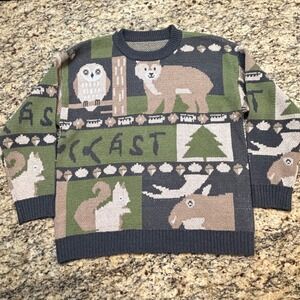 Mens Woodland Animal Knit Sweater Forest Green Bear Owl Moose Crew Neck XL v